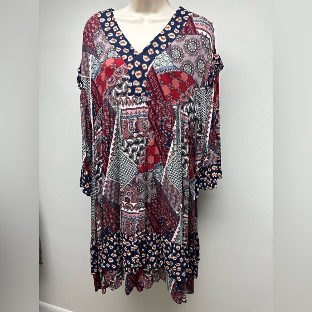 Three Bird Nest Patchwork Dress - Red, Blue, Black - Picture 2 of 9